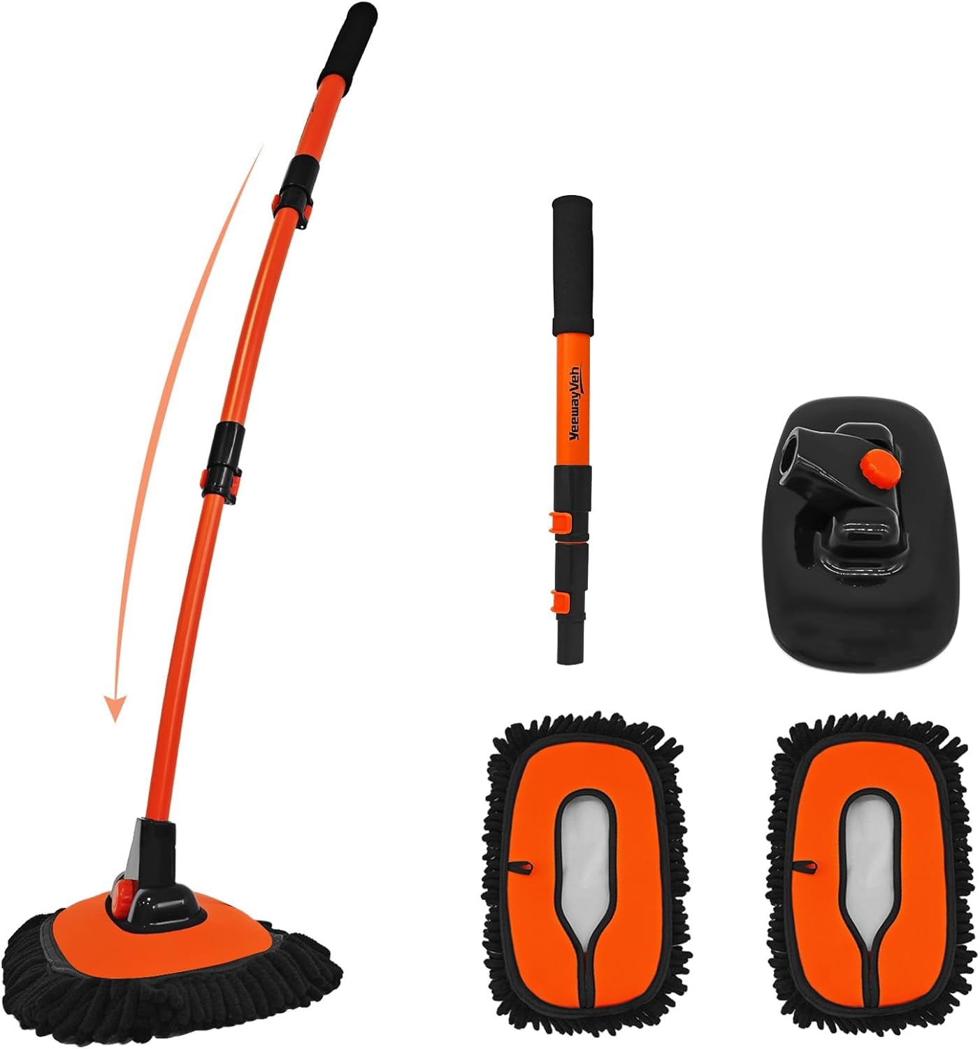 Car Wash Brush, 43" Extendable Car Wash Brush Mop with Long Handle, 15 Degree Curved Soft Car Cleaning Brush Kit with Extra Microfiber Brushes Head for Truck SUV Cleaning, Orange