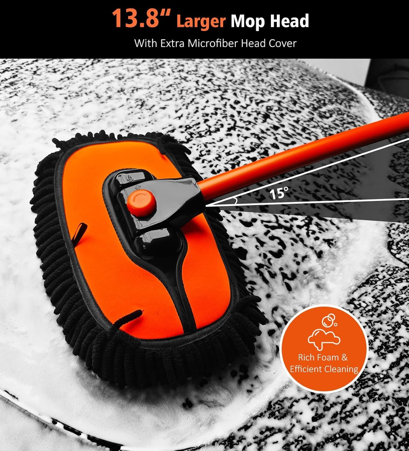 Car Wash Brush, 43" Extendable Car Wash Brush Mop with Long Handle, 15 Degree Curved Soft Car Cleaning Brush Kit with Extra Microfiber Brushes Head for Truck SUV Cleaning, Orange