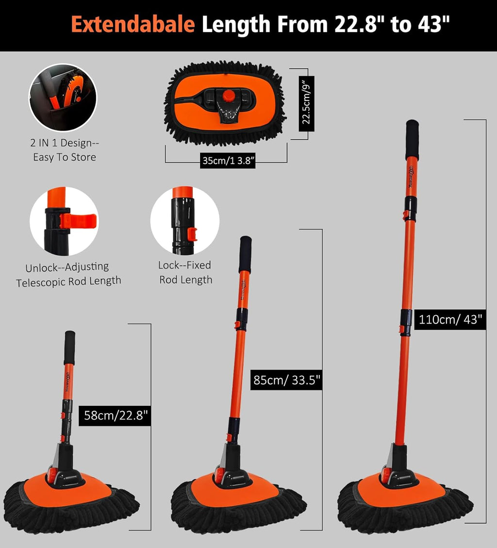 Car Wash Brush, 43" Extendable Car Wash Brush Mop with Long Handle, 15 Degree Curved Soft Car Cleaning Brush Kit with Extra Microfiber Brushes Head for Truck SUV Cleaning, Orange