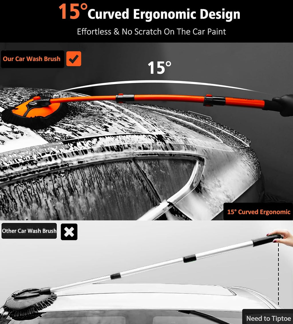 Car Wash Brush, 43" Extendable Car Wash Brush Mop with Long Handle, 15 Degree Curved Soft Car Cleaning Brush Kit with Extra Microfiber Brushes Head for Truck SUV Cleaning, Orange