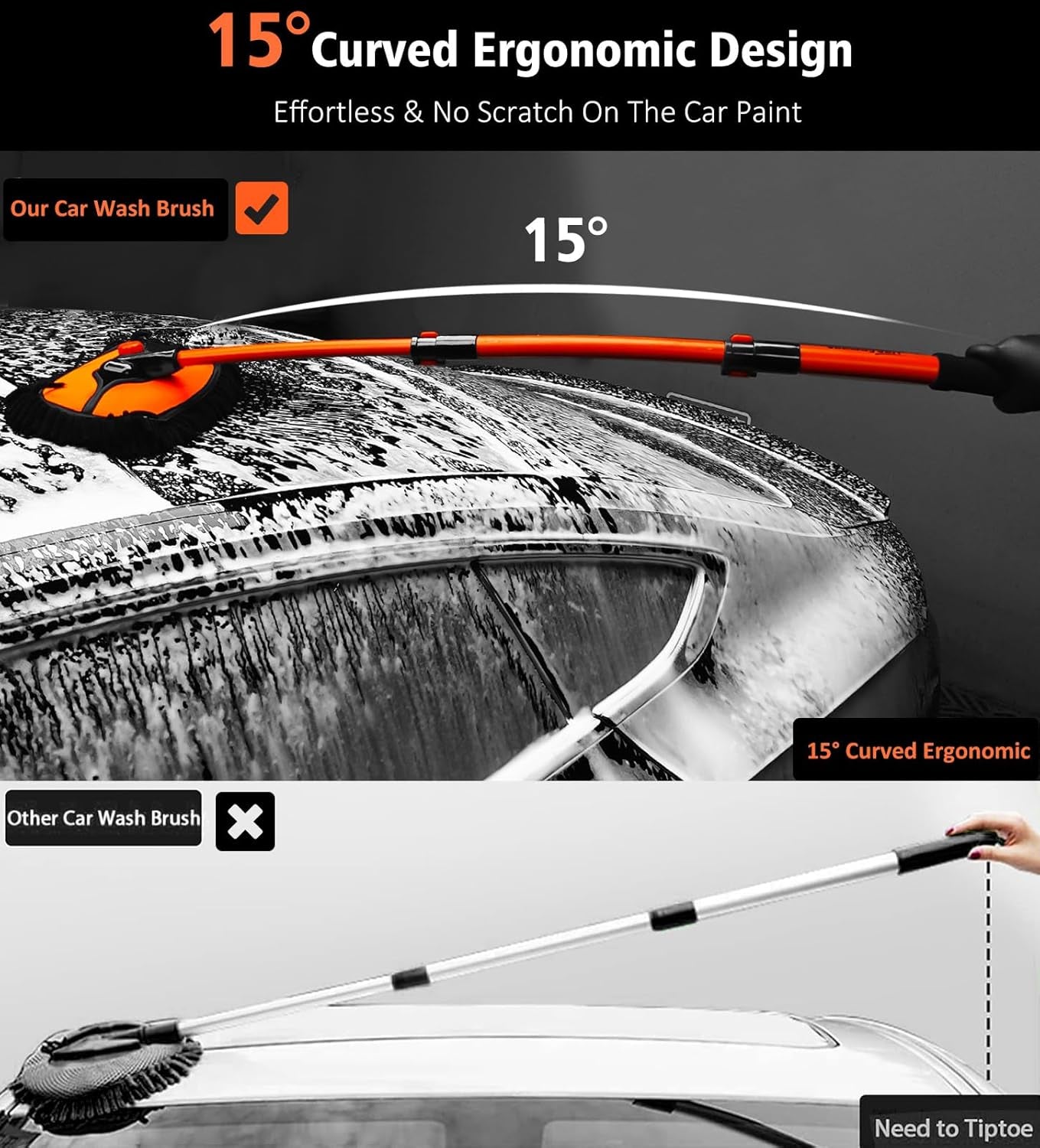 Car Wash Brush, 43" Extendable Car Wash Brush Mop with Long Handle, 15 Degree Curved Soft Car Cleaning Brush Kit with Extra Microfiber Brushes Head for Truck SUV Cleaning, Orange