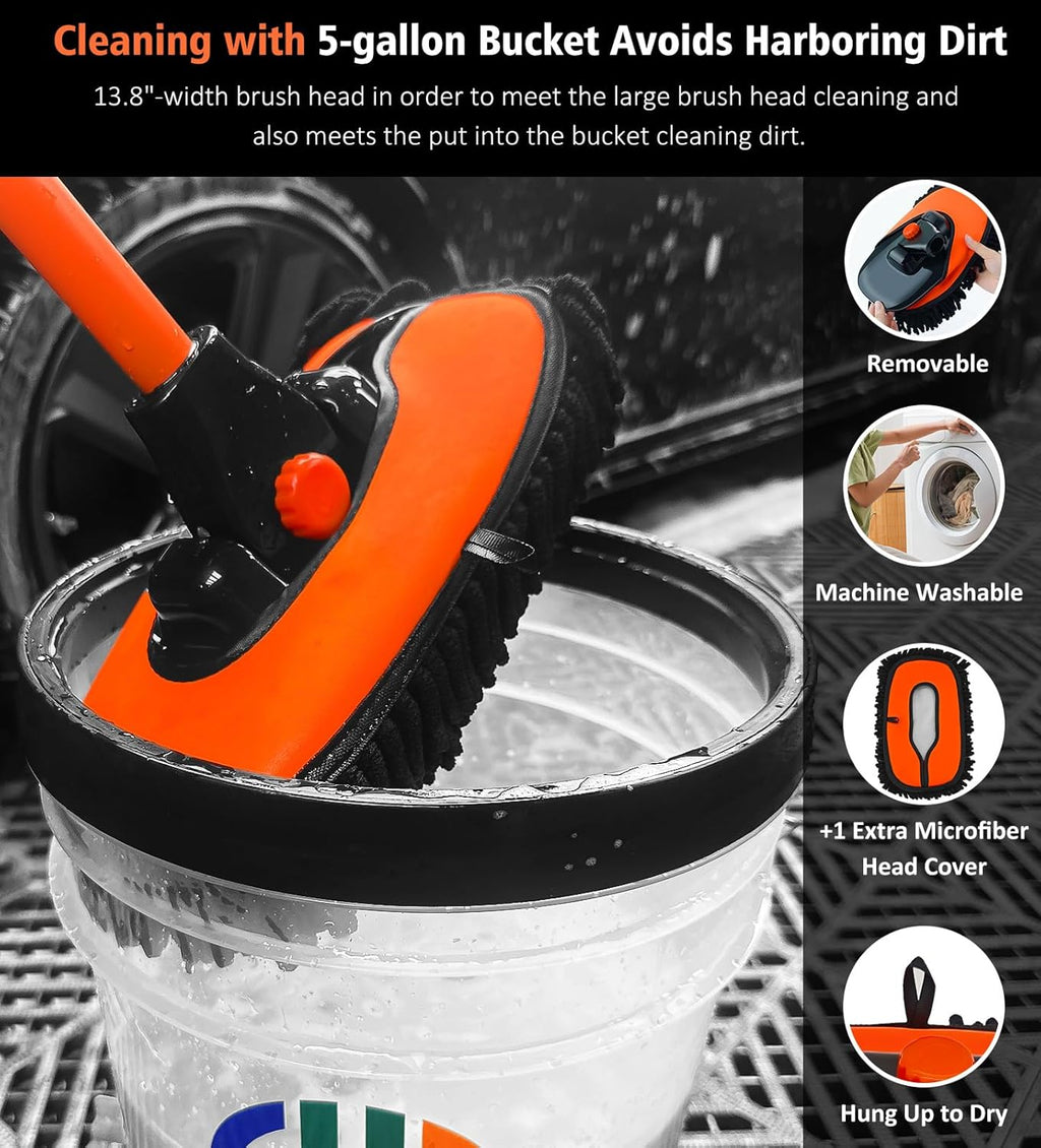 Car Wash Brush, 43" Extendable Car Wash Brush Mop with Long Handle, 15 Degree Curved Soft Car Cleaning Brush Kit with Extra Microfiber Brushes Head for Truck SUV Cleaning, Orange