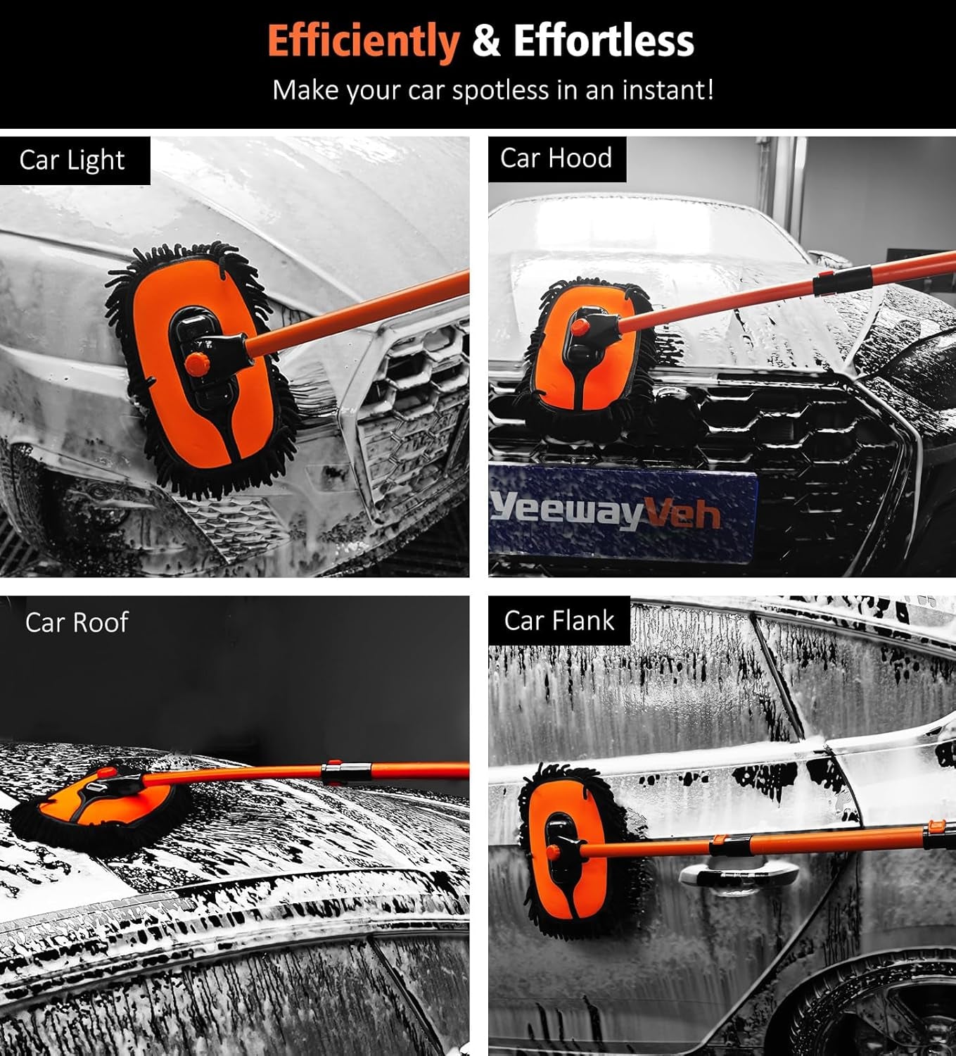 Car Wash Brush, 43" Extendable Car Wash Brush Mop with Long Handle, 15 Degree Curved Soft Car Cleaning Brush Kit with Extra Microfiber Brushes Head for Truck SUV Cleaning, Orange