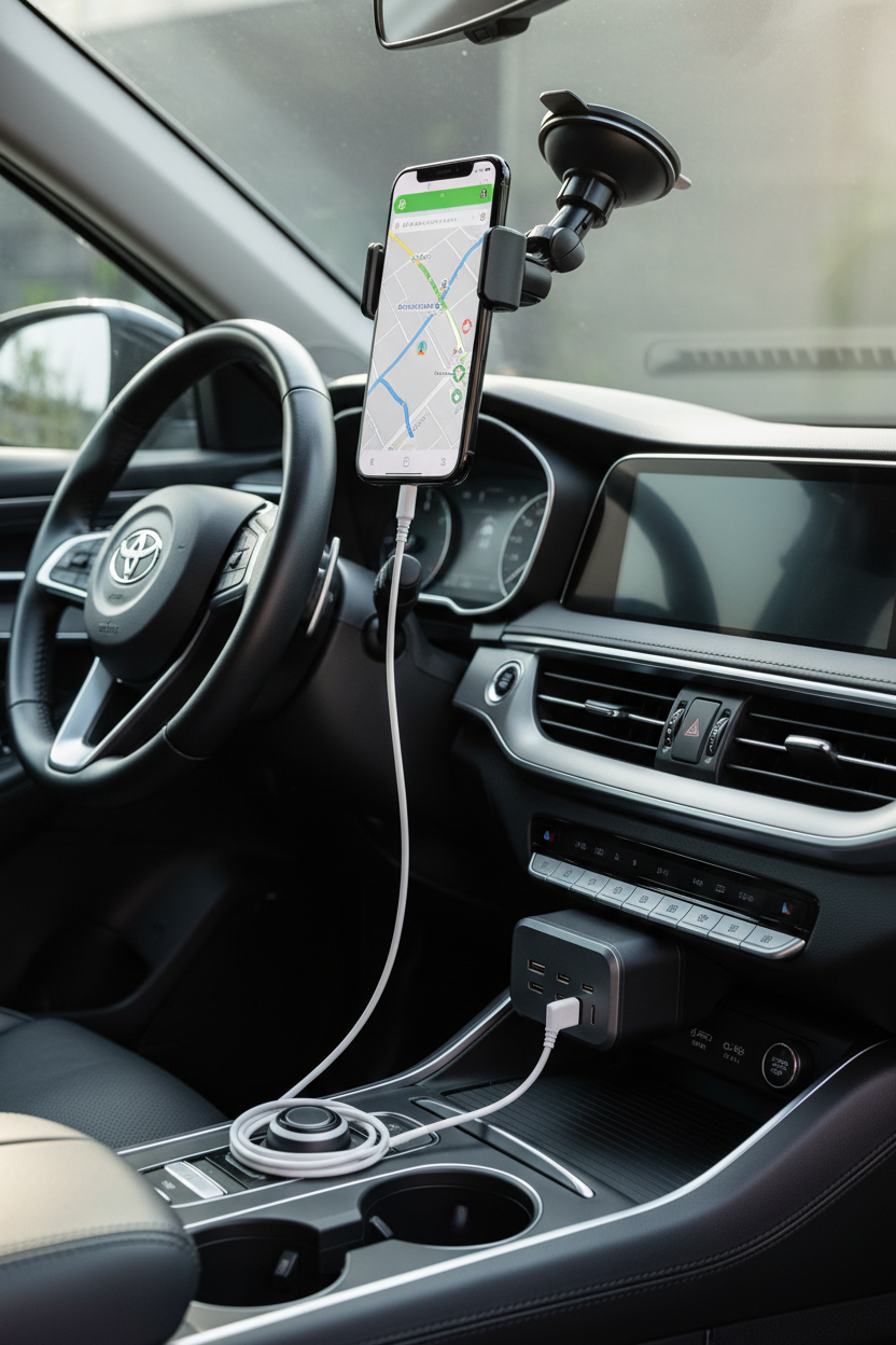 a phone holder in a car with a multiport splitter in the 12v connnector with a wire coming out of it which is retractable and you can clearly see how both products are assisting the driver, make the aspect ratio 9:16 and put these products in the car and show me a pic of them wokring toether 