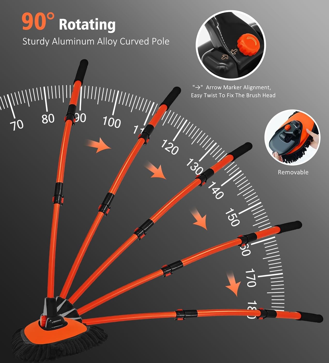 Car Wash Brush, 43" Extendable Car Wash Brush Mop with Long Handle, 15 Degree Curved Soft Car Cleaning Brush Kit with Extra Microfiber Brushes Head for Truck SUV Cleaning, Orange