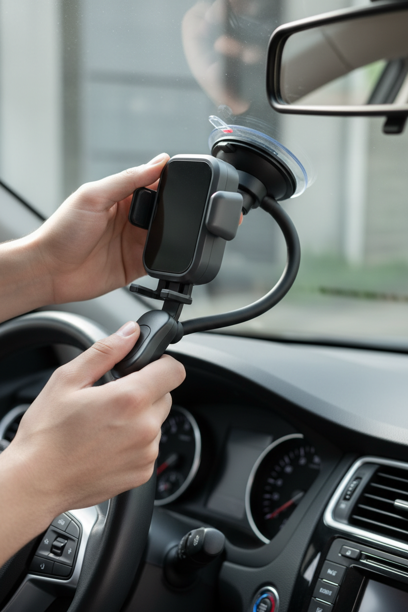 try again, but make the suction mount connect to the actual dash or windscreen of the car. change the product in this image and design a new suction mount